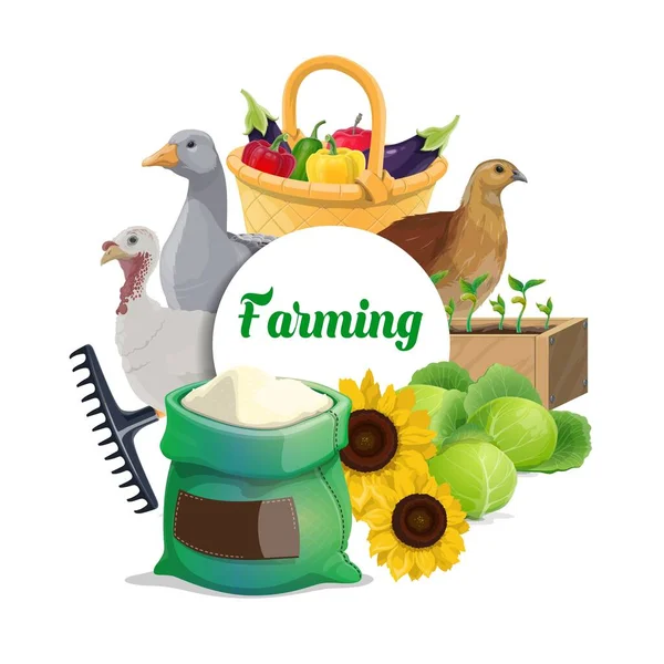 Farming Food Products Banner Vegetables Wicker Basket Plants Seedling Goose — Stock Vector