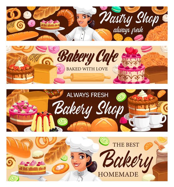 Desserts, cakes and bakery vector banners. Bake bagels and buns, fresh baking sweet dessert donut, croissant and baguette, pretzel and cupcake. Macaroon and meringues Baker shop pastry assortment