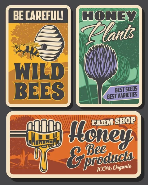 Beekeeping Farm Honey Production Retro Posters Bees Hive Nest Clover — Stock Vector