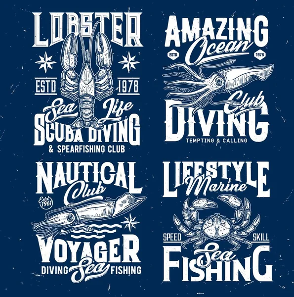 Tüplü dalış ve deniz balıkçı tişörtü baskı şablonu. Istakoz, mürekkep balığı veya yengeç oymalı vektör. Dalgıç ve balıkçıların retro amblemi, özel tasarım deniz hayvanı maskotu baskısı