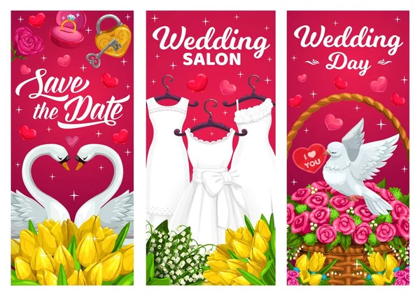 Hochzeitstag Hochzeitsbanner Mit Brautkleidern Schwanenpaar Und Weiße Taube Tulpen Rosen — Stockvektor