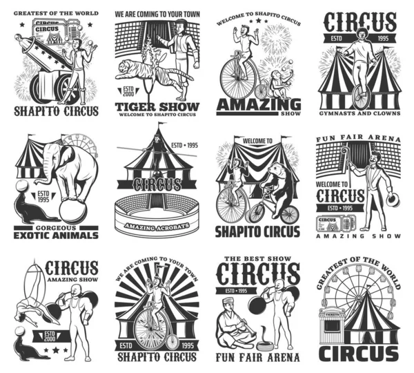Big Top Tent Circus Performances Engraved Vector Icon Set Tiger — Stock Vector