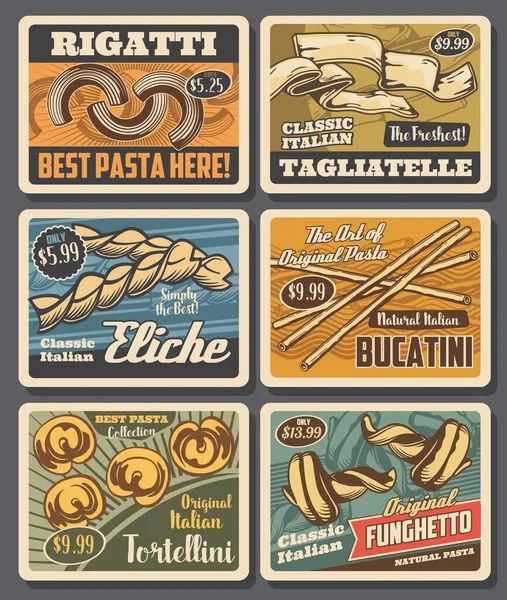 Olasz Tészta Retro Plakátok Vektor Makaróni Rigatti Tagliatelle Eliche Bucatini — Stock Vector