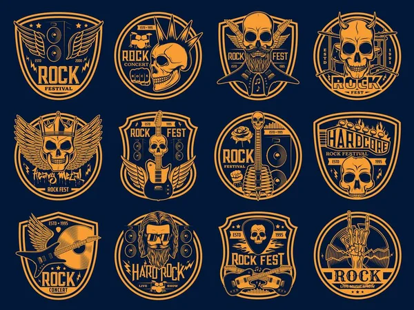 Heavy Rock ve Punk müzik ikonları hazır. Rock festivali ve heavy metal konser amblemleri. Boynuzlu kötü heykelcikler, mohawk saç stili ve taç, kanatlı ve çapraz elektro gitarlar, davul işlemeli vektör