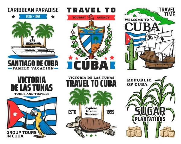 Viajes Turísticos Cuba Paraíso Caribeño Iconos Vacaciones Familiares Yate Palma — Archivo Imágenes Vectoriales