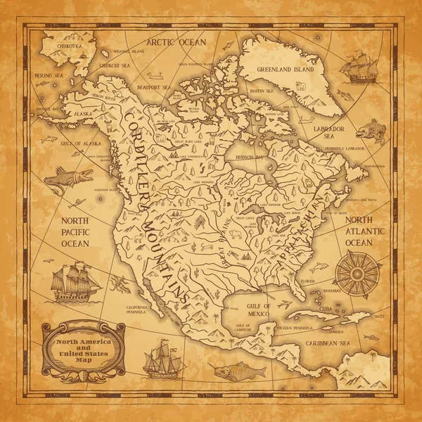 North America Continent Ancient Map Mountain Ranges Rivers Lakes Names Royalty Free Stock Illustrations