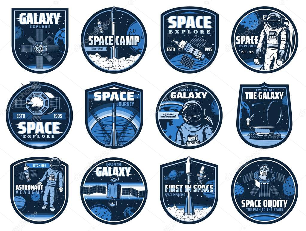 Outer space vector icons with glitch effect. Astronaut academy, galaxy, rocket. Cosmos explore shuttles expedition, exploration or adventure. Satellite space camp, rover on alien planet surface labels