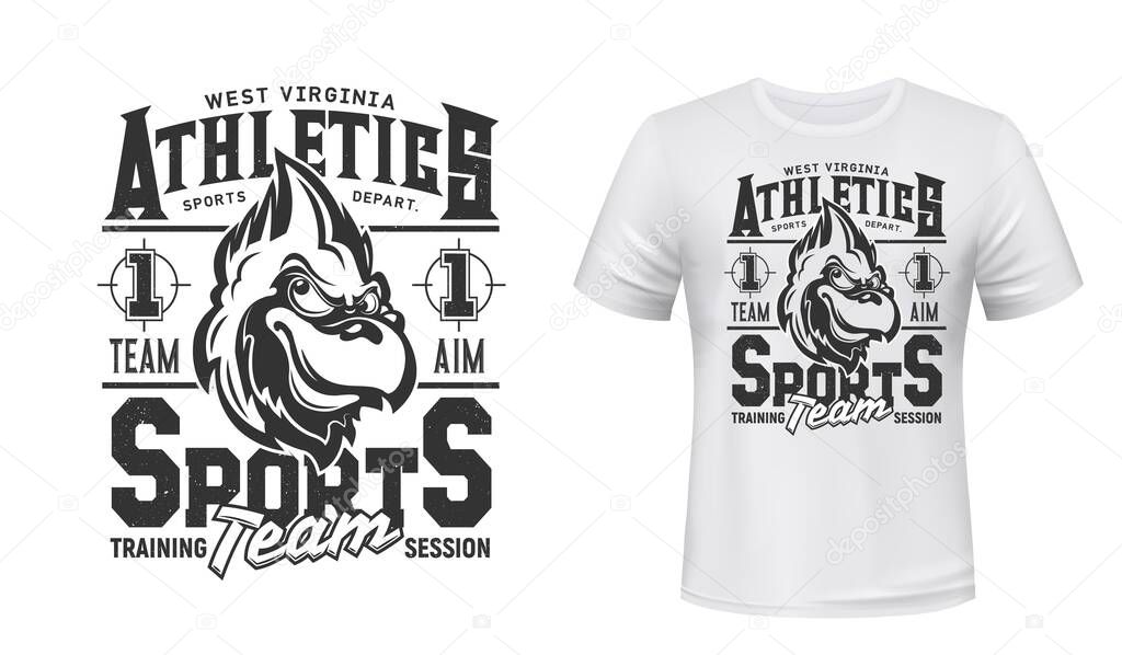 Cardinal bird t-shirt print mockup, sport team and athletics club department vector emblem. West Virginia sport training session, cardinal bird symbol for varsity team league t shirt print