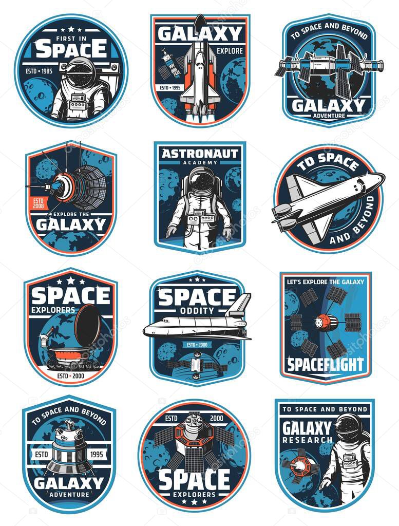 Astronaut in galaxy, rocket in outer space vector icons. Cosmos explore shuttles expedition, exploration or adventure. Satellite in space, rover on alien planet surface. Colonization mission labels