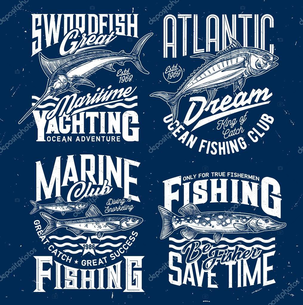 Ocean fishing and yachting club t-shirt print. Swordfish or marlin, tuna fish and sprat, northern pike engraved vector. Fishing sport clothing print design template with trophy catch