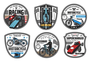 Yarış ikonları, motokros ve arabalar yarış kulübü rozetleri, şampiyonluk ikonları. Yarış pisti motosiklet yarışı ve motorlu spor arabalar uluslararası kupa turnuvası, tekerlekler ve bitiş bayrağı.