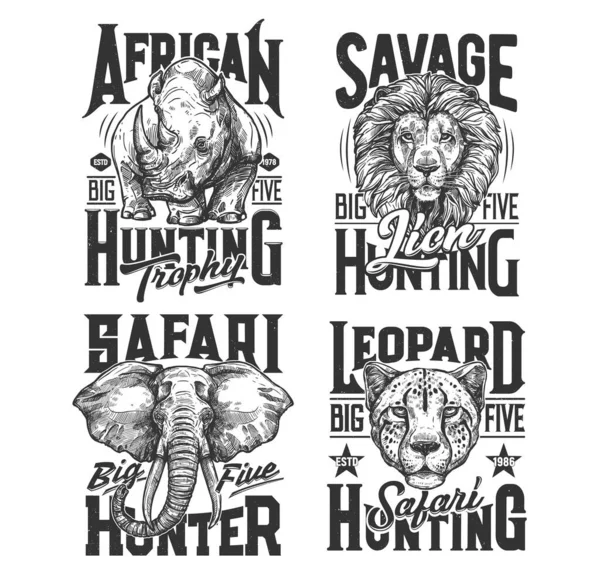 Safari Jacht Shirt Afdrukken Wilde Afrikaanse Dieren Jacht Club Trofee — Stockvector