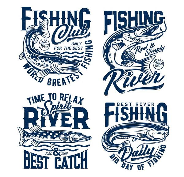 Pesca Club Pesci Shirt Stampe Fisher Club Vettoriale Emblemi Onde — Vettoriale Stock