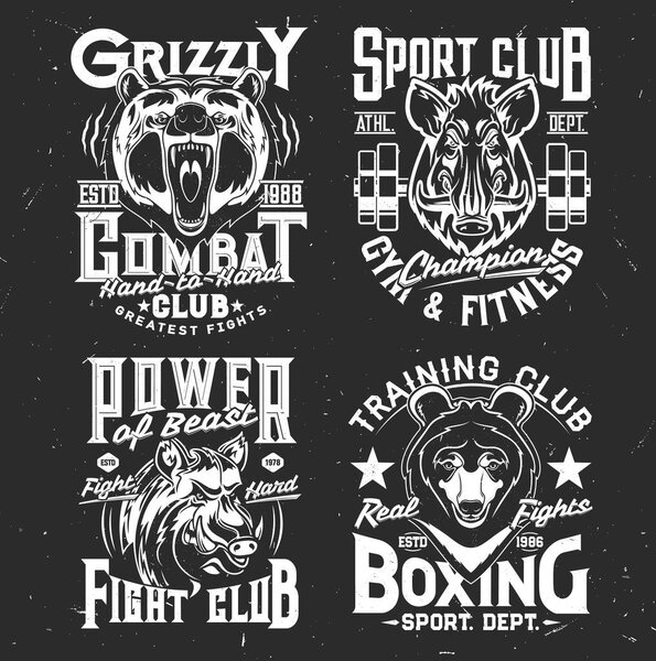Tshirt prints with wild bear and boar, vector mascots for sport and fighting club. Apparel uniform design with wild predators. T shirt activewear template, monochrome print, badge with pig and grizzly