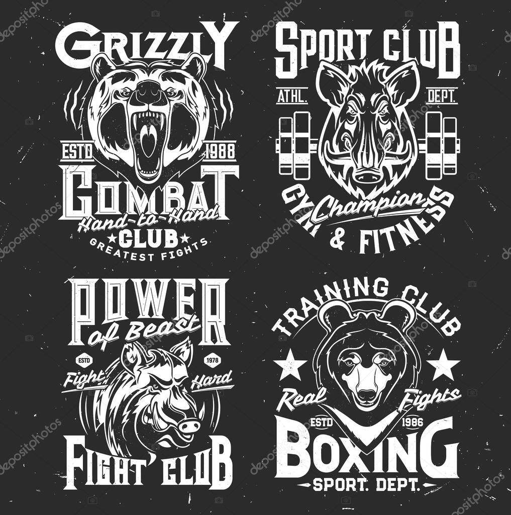 Tshirt prints with wild bear and boar, vector mascots for sport and fighting club. Apparel uniform design with wild predators. T shirt activewear template, monochrome print, badge with pig and grizzly