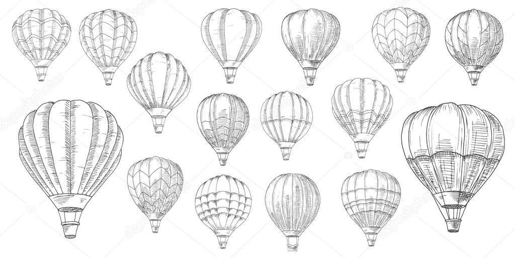 Retro hot air balloons sketches. Vintage lighter than air aircraft, balloon with inflated hot propane gas or helium envelope bag and wicker basket or gondola hand drawn sketch vector set