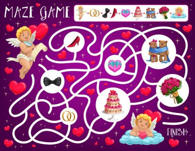 Sevgililer Günü çocuk labirenti aşkları ve düğün özellikleriyle. Çocukların eğitici oyunu, oyun aktiviteleri. Romantik mektuplu aşk tanrısı, alyanslar ve pasta, sevimli ayılar çift çizgi film vektörü