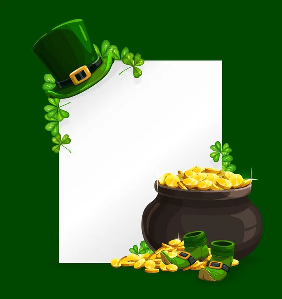 Poster Vectoriel Patricks Day Avec Chapeau Lutin Pot Avec Feuilles — Image vectorielle