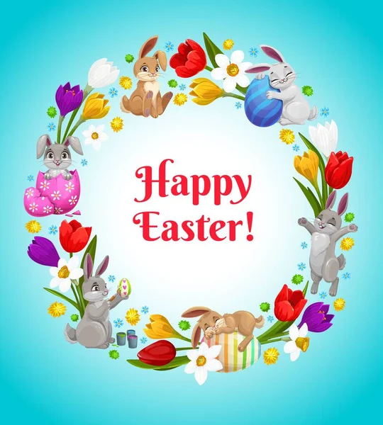 Happy Easter Vector Flower Wreath Bunnies Decorated Eggs Cartoon Greeting — Stock Vector