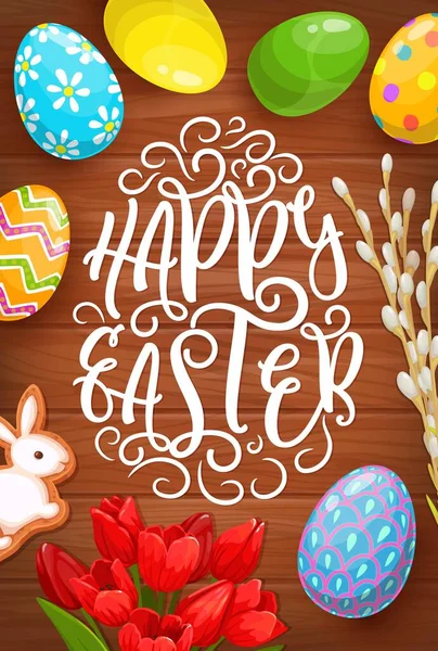 Easter Eggs Bunny Flowers Vector Greeting Card Religion Holiday Easter — Stockvector