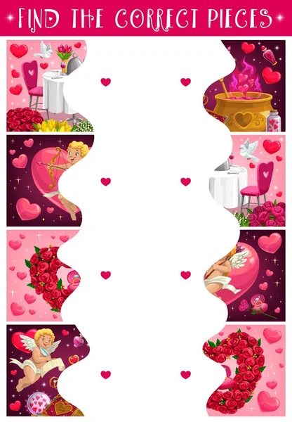 Saint Valentine Day Kids Puzzle Flowers Cupids Children Game Holiday — Stock Vector