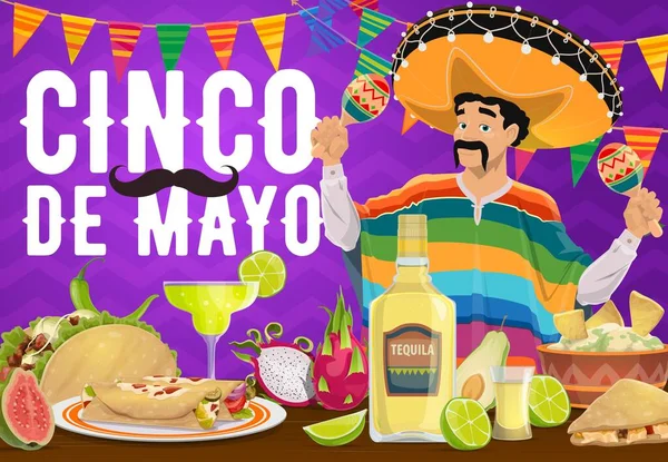 Cinco Mayo Makanan Liburan Meksiko Dan Desain Vektor Mariachi Musisi - Stok Vektor