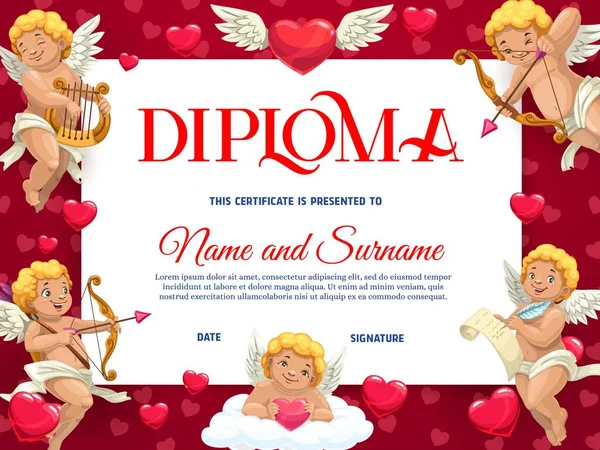 Modello Diploma Bambini San Valentino Con Personaggi Cherubini Diploma Scuola — Vettoriale Stock