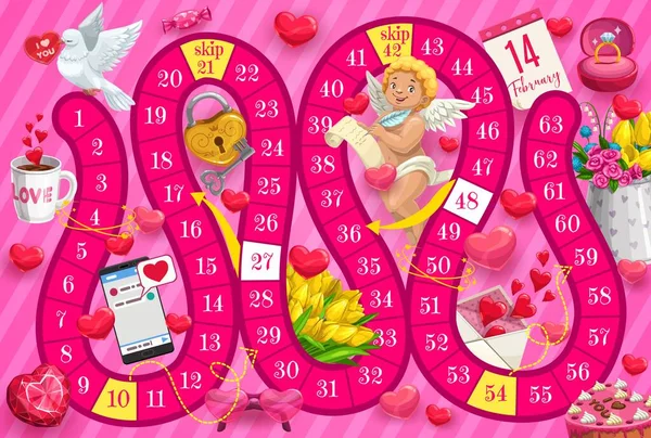 キューピッドとロマンチックな贈り物で子供聖バレンタインデーボードゲーム 方法タスク 教育活動を見つけると子ボードゲーム ケルブ 花やケーキ 宝石でリング ハート漫画のベクトルからキー — ストックベクタ