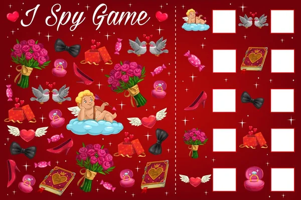 バレンタインデーの子供たち私はパズルの本のページをスパイ 計算タスクで子供の遊び活動 子供数学ゲーム キューピッド 花やギフト 婚約指輪 キャンディーや鳩クーペ漫画ベクトル — ストックベクタ