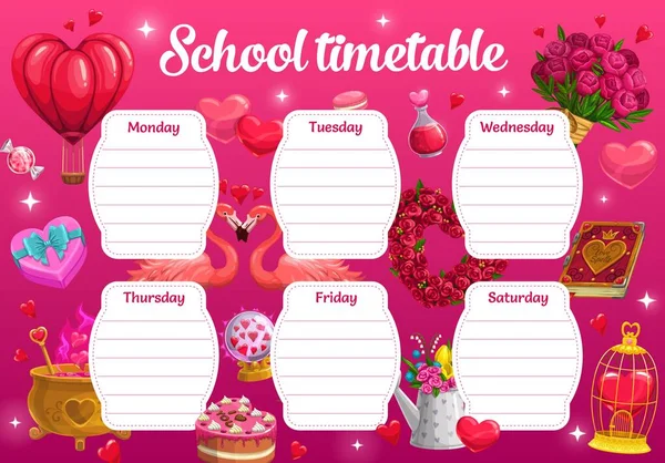 Saint Valentine Day School Timetable Romantic Gifts Love Potions Child — Stock Vector