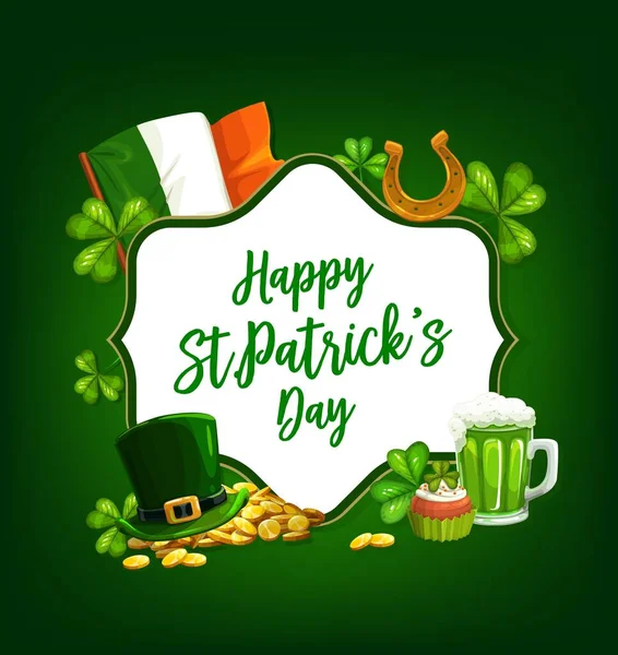 Patrick Day Cartoon Vector Poster Met Shamrocks Groene Hoed Gouden — Stockvector