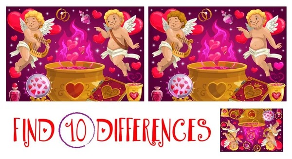 Find Ten Differences Valentine Day Logical Game Kids Cupids Child — Stock Vector