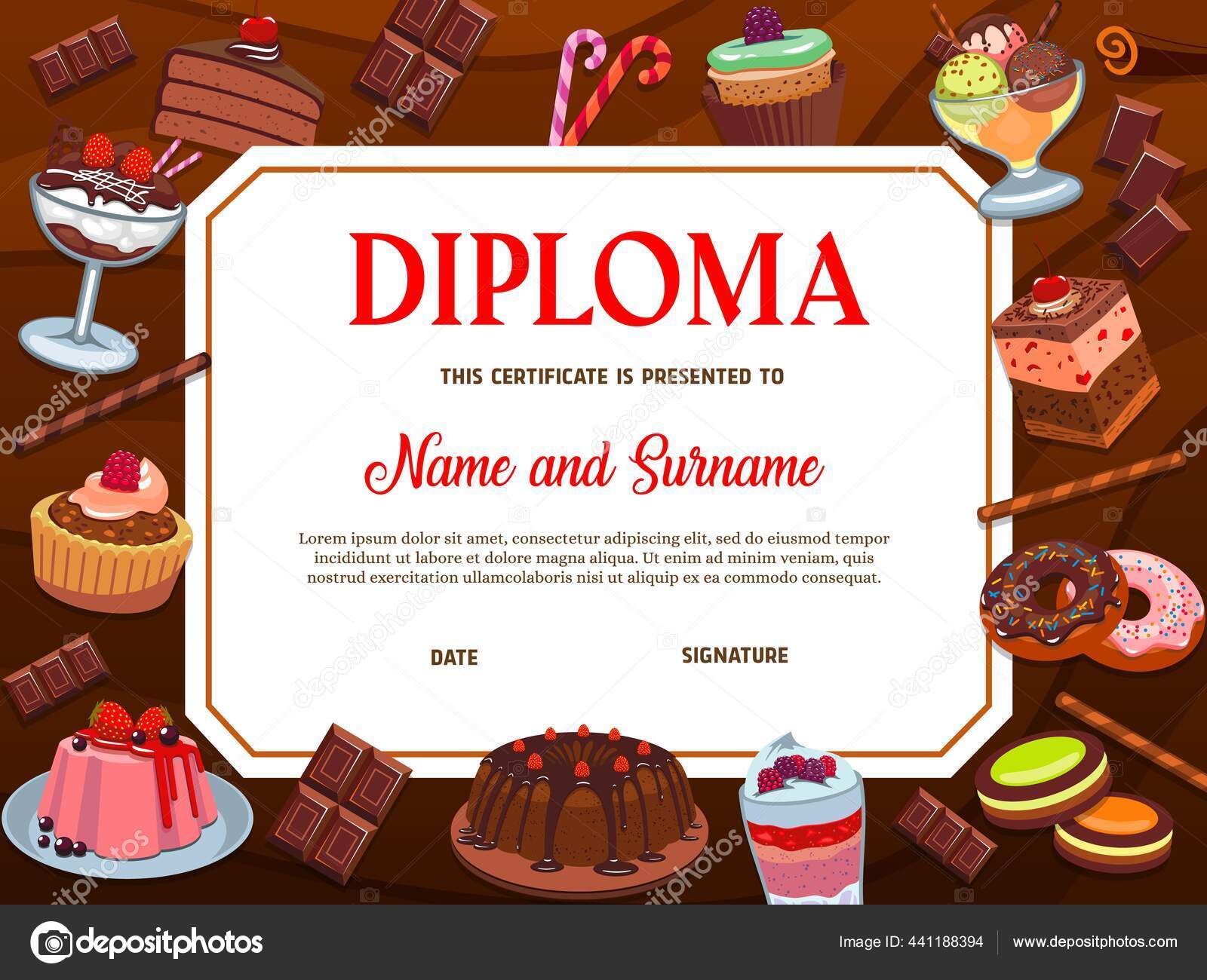 Plantilla Vectorial Diploma Escolar Con Postres Panadería Confitería  Certificado Marco Vector de stock #441188394 de ©VectorTradition, image size:1600x1300