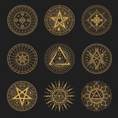 Doğaüstü işaretler, okültizm, simya ve astroloji sembolleri. Kutsal din simgeleri sihirli göz, duvar piramidi, Mısır ankh haçı, güneş ya da ay ışınları, beşgen simgeleri...
