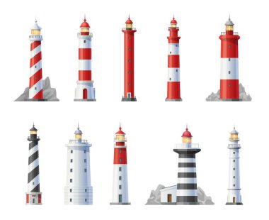 Deniz feneri ikonları, deniz feneri binaları, denizcilik denizaltıları, deniz güvenliği yelken ışığı. Denizcilik navigasyon kılavuzu için arama ışığı kuleleri, deniz navigasyon mimarisi, sinyal lambaları ayarlı.