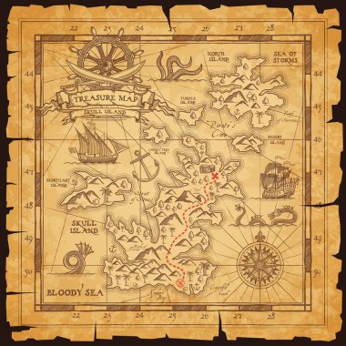 Old pirate map, vector worn parchment with treasure location, sea, islands and land, wind rose and cardinal points. Vintage grunge paper pirate map with route to find chest with treasury, adventure clipart