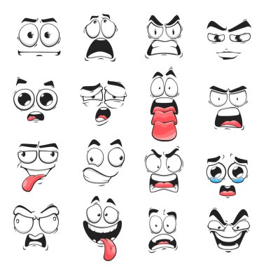 Çizgi film yüz ifadesi izole edilmiş vektör simgeleri, negatif emoji şeytanı, korkmuş ve şok olmuş, böbürlen, sırıt, sırıt ya da deli. Yüz ifadeleri bağırıyor, dil gösteriyor, dalgın, ağlıyor ve üzgün ifade dizileri.