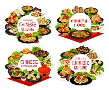 Çin mutfağı vektör yemekleri midye ile siyah fasulye ve kırmızı biber. Chow mein, kaju tavuğu ve kanton buğulama levreği, mantar çorbası, Çin mantısı ya da ananas kurabiyesi. Afişler asılmış Çin yemekleri.