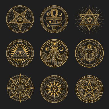 Okült işaretler, okültizm, simya ve astroloji sembolleri ve kutsal din mistik amblemleri. Vektör sihirli göz, duvar taşı piramit ve böcek, pentagramda güneş ve ay, Mısır ankh ezoterik yuvarlak tabelalar