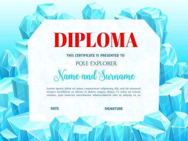 Buz kristalli bir kutup kaşifi için okul diploması. Değerli ya da sihirli taşlı vektör şablonu. Donmuş buz dikdörtgenli okul sertifikası veya çerçeve çocuklar için başarı ödülü