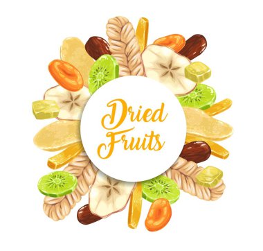 Pankartın etrafında kurutulmuş meyve vejetaryen tatlı dükkanı var. Kuru kavun, zencefilli şerit ve elma dilimi, kayısı, hurma ve kivi halkası, mango elle çizilmiş vektör. Kurumuş tropikal ve sıradan meyve çerçevesi