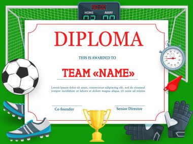 Futbol turnuvasına katılım sertifikası. Futbol kulübü diploma vektör şablonu. Spor ödüllü sınır tasarımı top, ayakkabı, eldiven ve kapı ile skor gösterimi ya da dur saati. Spor başarısı
