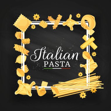 İtalyan mutfağı makarna çerçevesi. İtalyan mantısı, fagottini ve stelle, eliche, radyatör ve tortellini, cannelloni, funghetto ve bucatini spagetti, conchiglie, quadretti ve lumaconi vektörü.