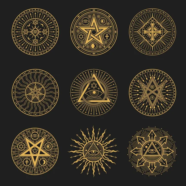 신비술 신비술 연금술 점성술의 상징물이다 종교의 마법의 피라미드 십자가 태양이나 — 스톡 벡터