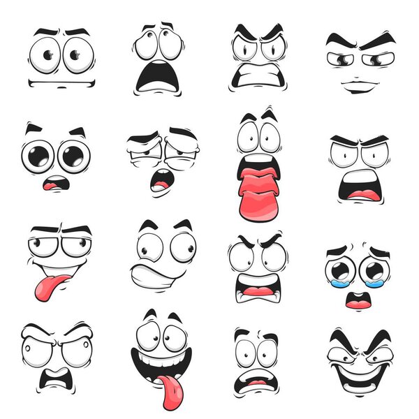 Cartoon face expression isolated vector icons, negative emoji evil, scared and shocked, gloat, grin, smirk or crazy. Facial feelings yelling, show tongue, preoccupied, crying and upset emoticons set