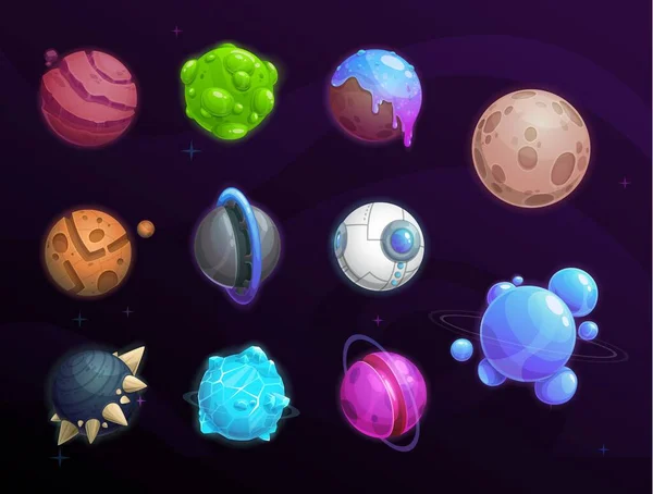 Planetas Fantasia Espaço Cartoon Vetor Conjunto Jogo Gui Design Interface — Vetor de Stock