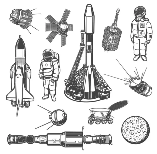 Galaxy Zkoumat Monochromatické Vektorové Ikony Vesmírná Expedice Astronaut Raketoplán Satelity — Stockový vektor