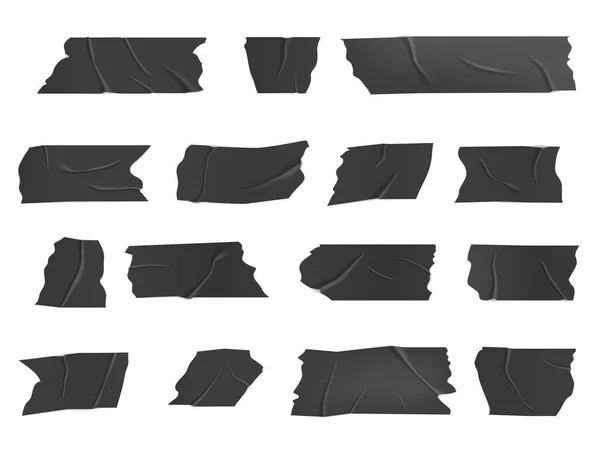 隔离的矢量黑色胶粘剂 皱巴巴的苏格兰条纹 粘贴的胶带片 用于固定 修理或包装行李 现实的3D绝缘石膏或剪纸贴片 — 图库矢量图片