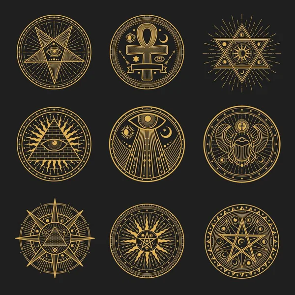 神秘标志 神秘主义 炼金术和占星术符号以及神圣宗教的神秘标志 病媒魔法眼 砖瓦金字塔和红宝石 五芒星中的日月 埃及脚踝深奥圆周的标志设置 — 图库矢量图片