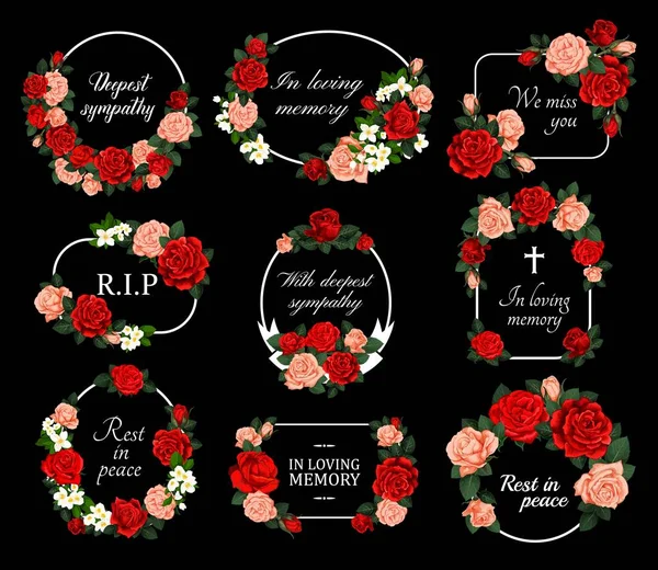 Begrafenisvectorkaarten Met Rode Roze Rozenbloemenkransen Obituaire Frames Met Gegraveerde Bloemdecoratie — Stockvector